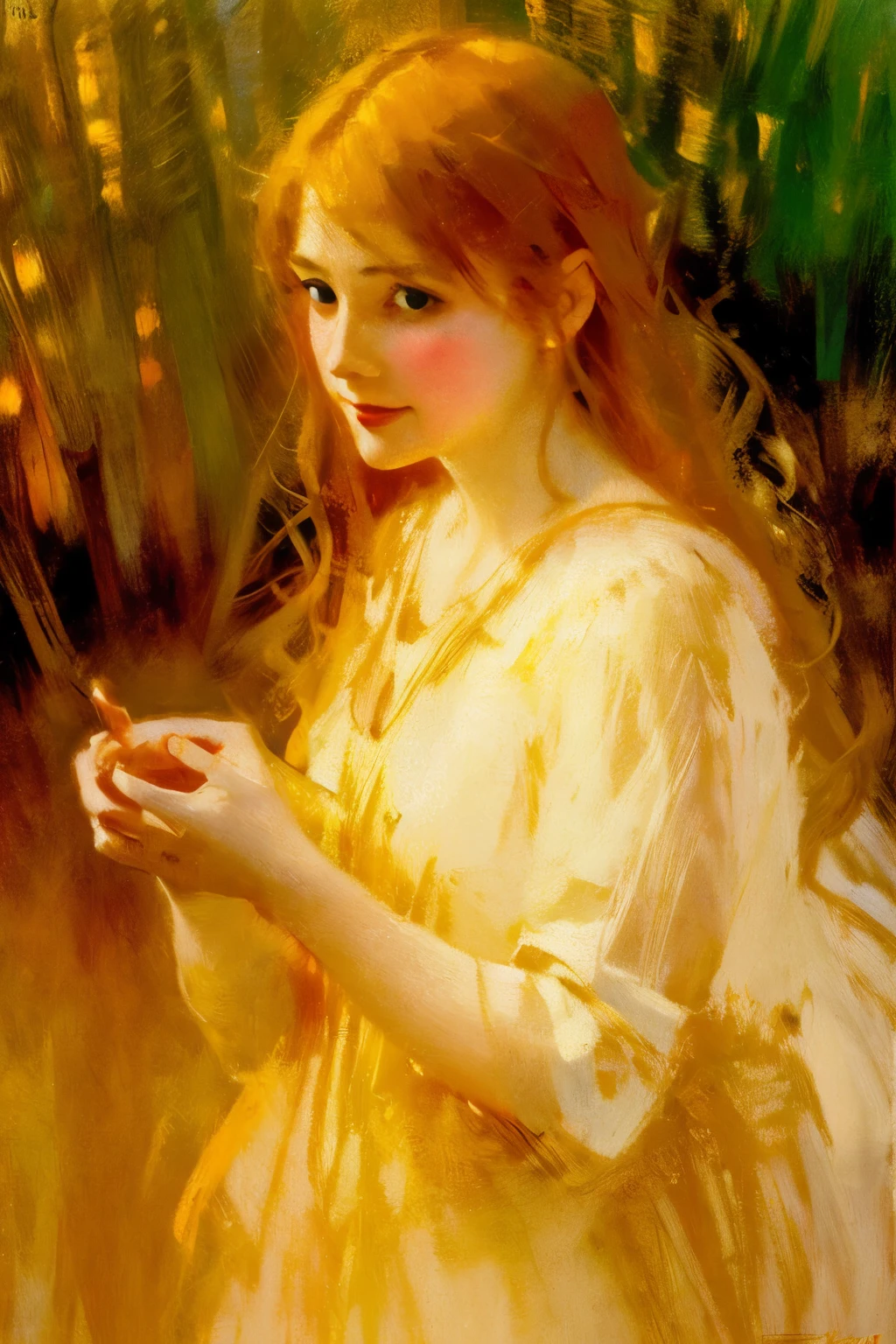 colorful painting, Sargent,Mucha, girl, beautiful animated woman, highly detailed face and eyes, golden hair, long hair, smiling, with white energy in hands,a woman luminous design, pastel colours, ink drips, autumn lights