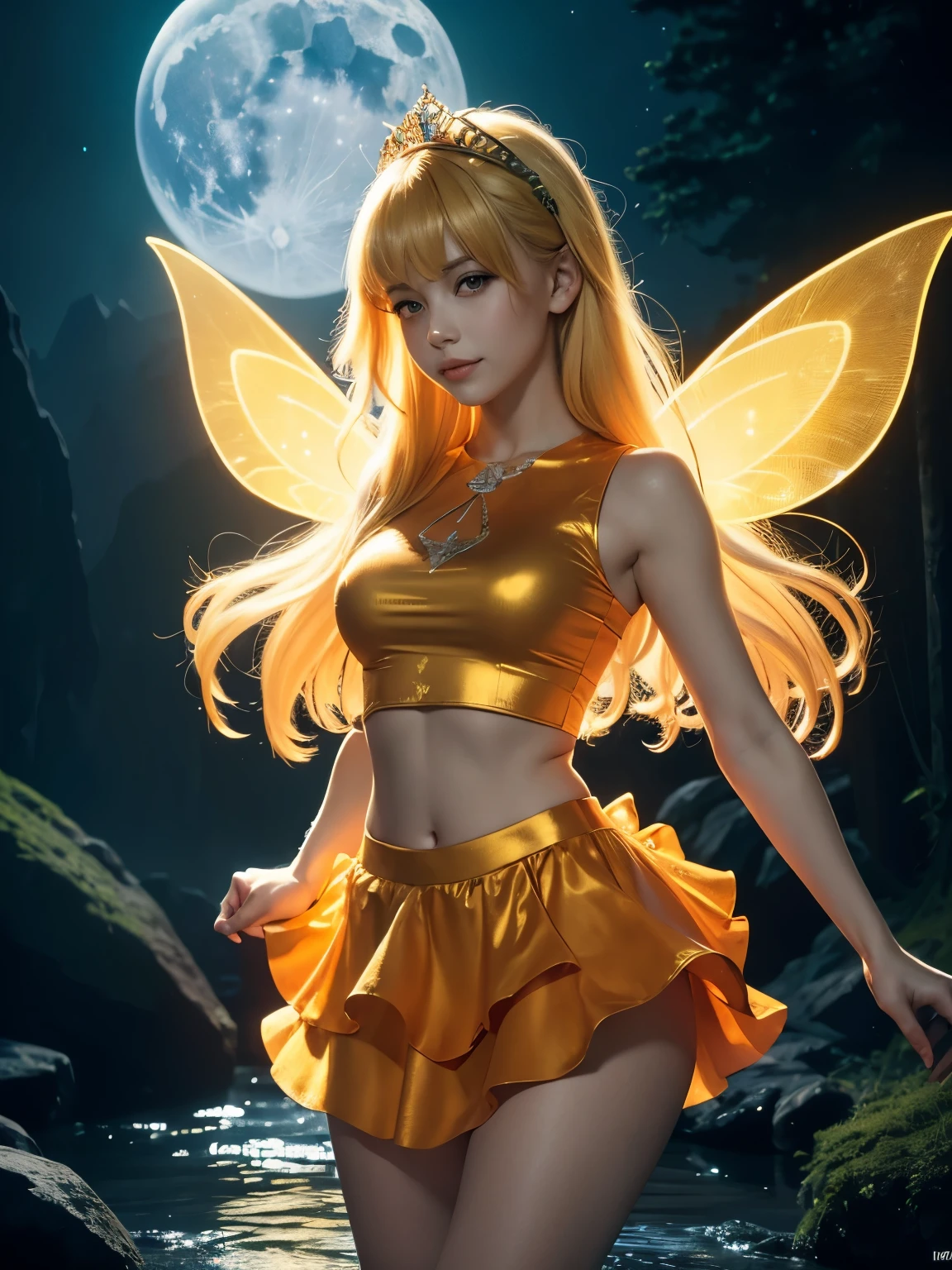 ((masterpiece)), (best quality), official art, extremely detailed CG, unity 8k wallpaper, ultra detailed, highly detailed, vivid color, photorealistic, perfect lighting, best illumination,
Stella, (yellow hair, golden eyes, bangs, long hair), (fairy outfit), (orange croptop, sleeveless, orange skirt, sparkling clothing, fairy wings, tiara),  smile, happy, half-body-photo, neon lighting, dark romantic lighting, gradients, dynamic pose,moon, night, forest, mountain, stream.