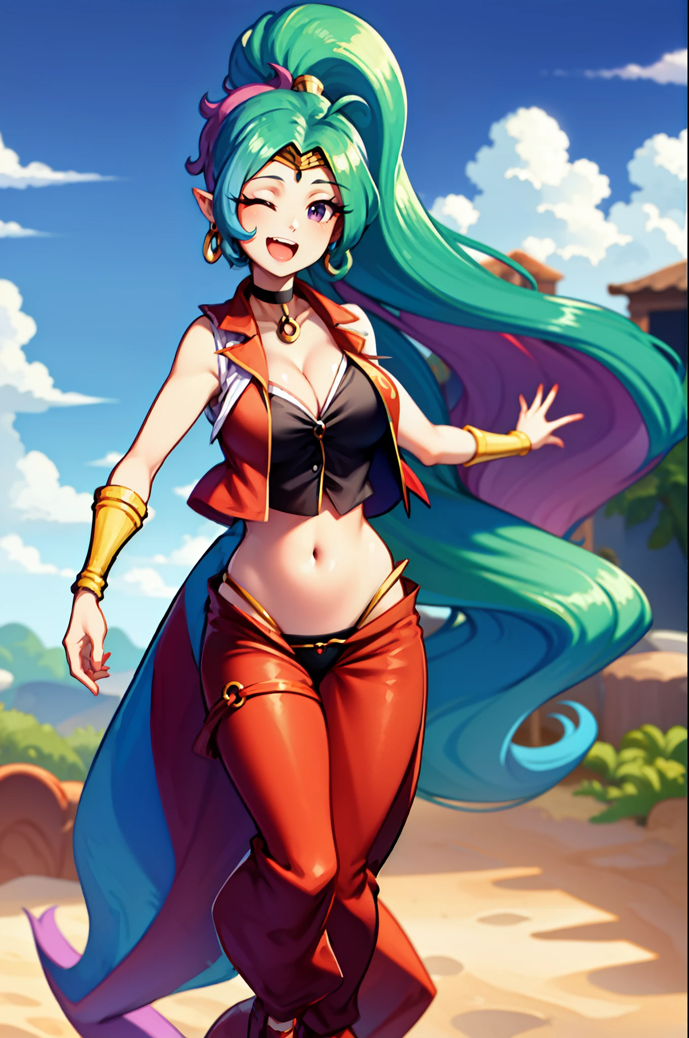 (from front), walking princess_celestia, looking away, scene is royal chamber, masterpiece, best quality, 1girl, solo, one eye closed, smile, navel, long hair, jewelry, open mouth, earrings, beach, very long hair, ;d, outdoors, harem pants, looking at viewer, pants, cleavage, o-ring, arm up, large breasts, choker, vest, o-ring top, ponytail, red footwear, bandana, stomach, midriff, high ponytail, bracer, bare shoulders, collarbone, thigh strap, red pants, shoes, open vest, vest, 