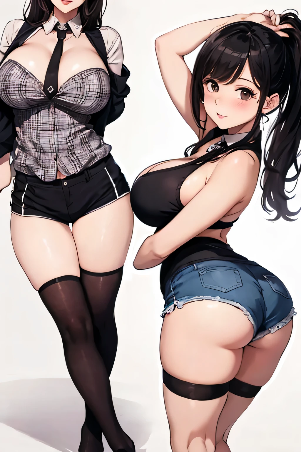 highest quality、High resolution、8K、detailed background、cute beauty、sexual expression、Cute Ponytail,(big breasts:1.2)、thick thighs、Low - Angle、plaid pleated skirt、black knee high socks、sexy pose、panty shot、panty shot、camel toe、Detailed shorts