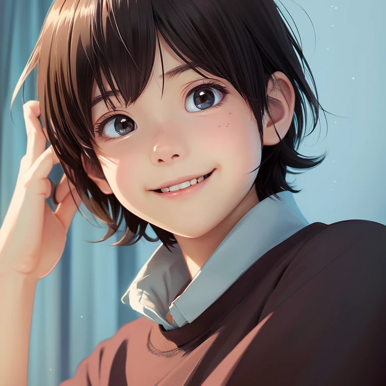 anime illustration、One smart boy who wants to be pampered、short dark colored hair、close up of face、Gentle atmosphere、Peeping Pose、Staring upwards、Lips with a smile、