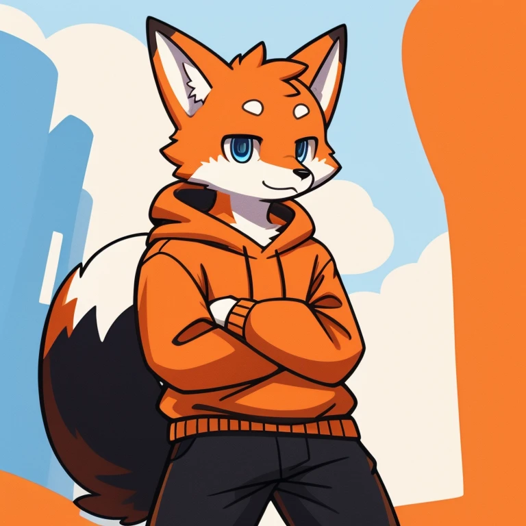 Orange and white Fox illustration、Professional technology、soft fluffy fur, arms crossed, male, striped hoodie 、Blue eyes、Long black pants、Normal physique、age19、detailed eyes、long-sleeve、Waist-length clothing、Illustration of only the upper body from the waist up、doodle