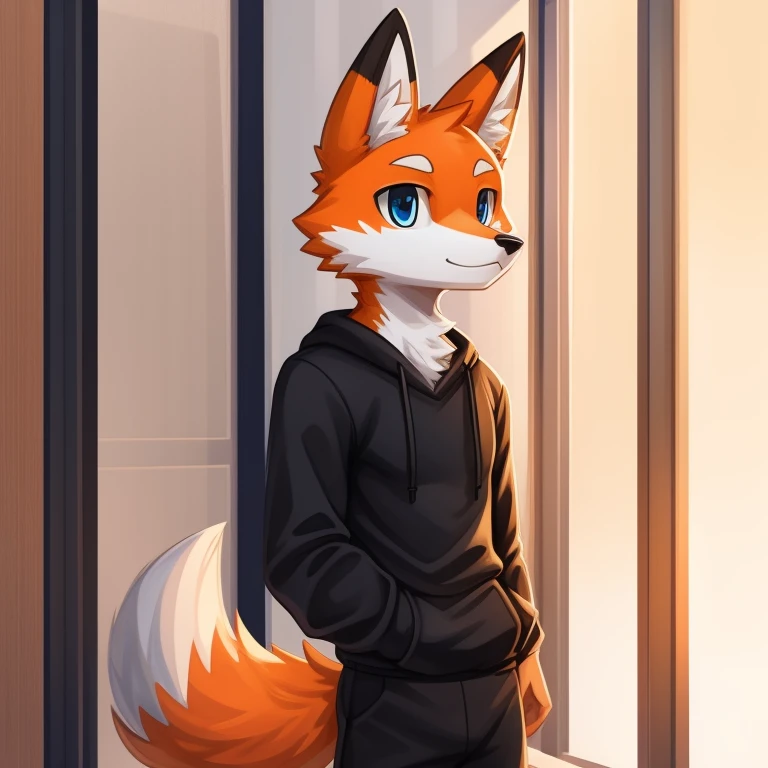 Orange and white Fox illustration、Professional technology、soft fluffy fur, arms crossed, male, striped hoodie 、Blue eyes、Long black pants、Normal physique、age19、detailed eyes、long-sleeve、Waist-length clothing、Illustration of only the upper body from the waist up、doodle