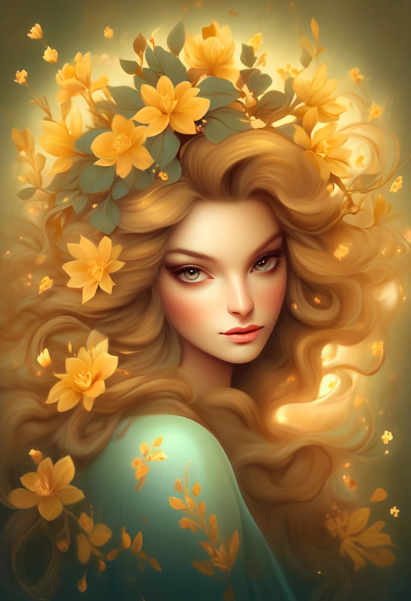 Painting of a woman with long hair and golden flowers in her hair, beautiful digital illustrations, Beautiful artwork illustration, amazing digital illustrations, beautiful digital artwork, Inspired by Anna Dittman, amazing digital art, exquisite digital illustration, In the style of Anna Dittmann, beautiful digital art, beautiful amazing digital art, very beautiful digital art, beautiful fantasy art portrait