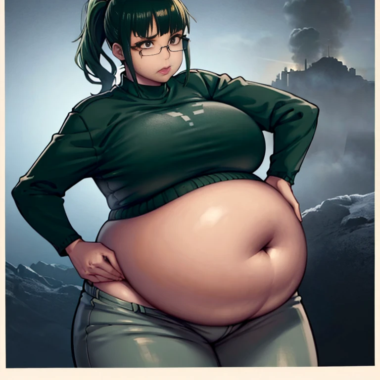 1girl, dark green hair , hair in pony tail, maki zenin from the anime jujutsu kaisen, big plump belly, ((((huge belly))), huge belly, pretty face, nose, lips, beautiful eyes, circle glasses, (best quality, masterpiece, 4k, sharp focus), professional photograph, sharp focus, dramatic, award winning, cinematic lighting, octane render, unreal engine, volumetrics dtx,