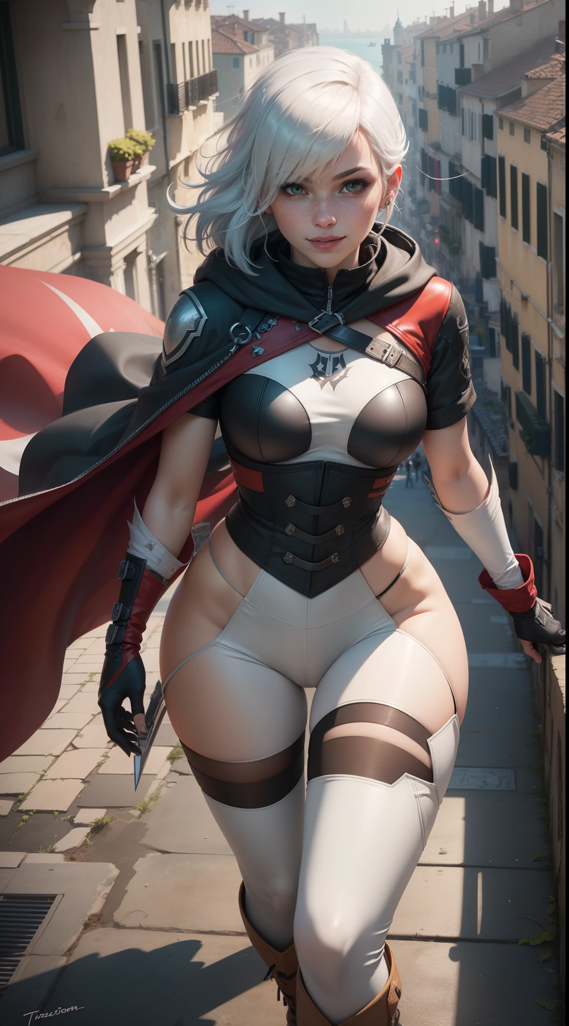 gwen tennyson,yorha 2b,tracer,y'shtola rhul,overwatch,assassin's creed,close up,Venice,rooftop,tattoos,white and red plugsuit,white short sleeve victorian top,white and red long assassin hoodie,lycra leggings,harness corset,short hair,punk makeup,green eyes,multicolored silver hair, military gloves,sexy smile,freckles,beautiful girl,knee high boots,large breasts,8k,ultra detailed,realistic,fantasy art,assassin uniform, hair pin,ear piercings,(weather:windy),1girl, assassin daggers,running on the roof,