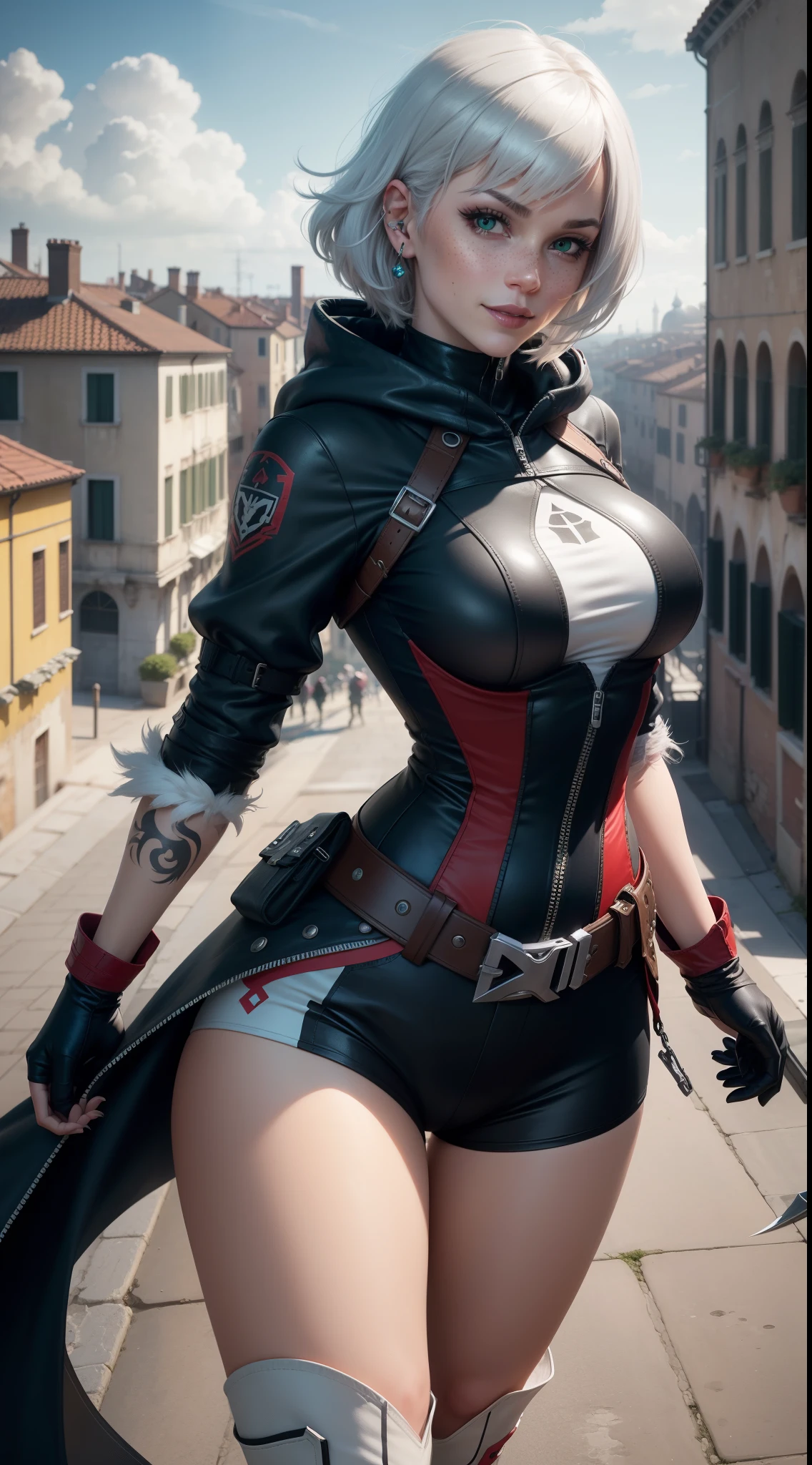 gwen tennyson,yorha 2b,tracer,y'shtola rhul,overwatch,assassin's creed,close up,Venice,rooftop,tattoos,white and red plugsuit,white short sleeve victorian top,white and red long assassin hoodie,lycra leggings,harness corset,short hair,punk makeup,green eyes,multicolored silver hair, military gloves,sexy smile,freckles,beautiful girl,knee high boots,large breasts,8k,ultra detailed,realistic,fantasy art,assassin uniform, hair pin,ear piercings,(weather:windy),1girl, assassin daggers,running on the roof,