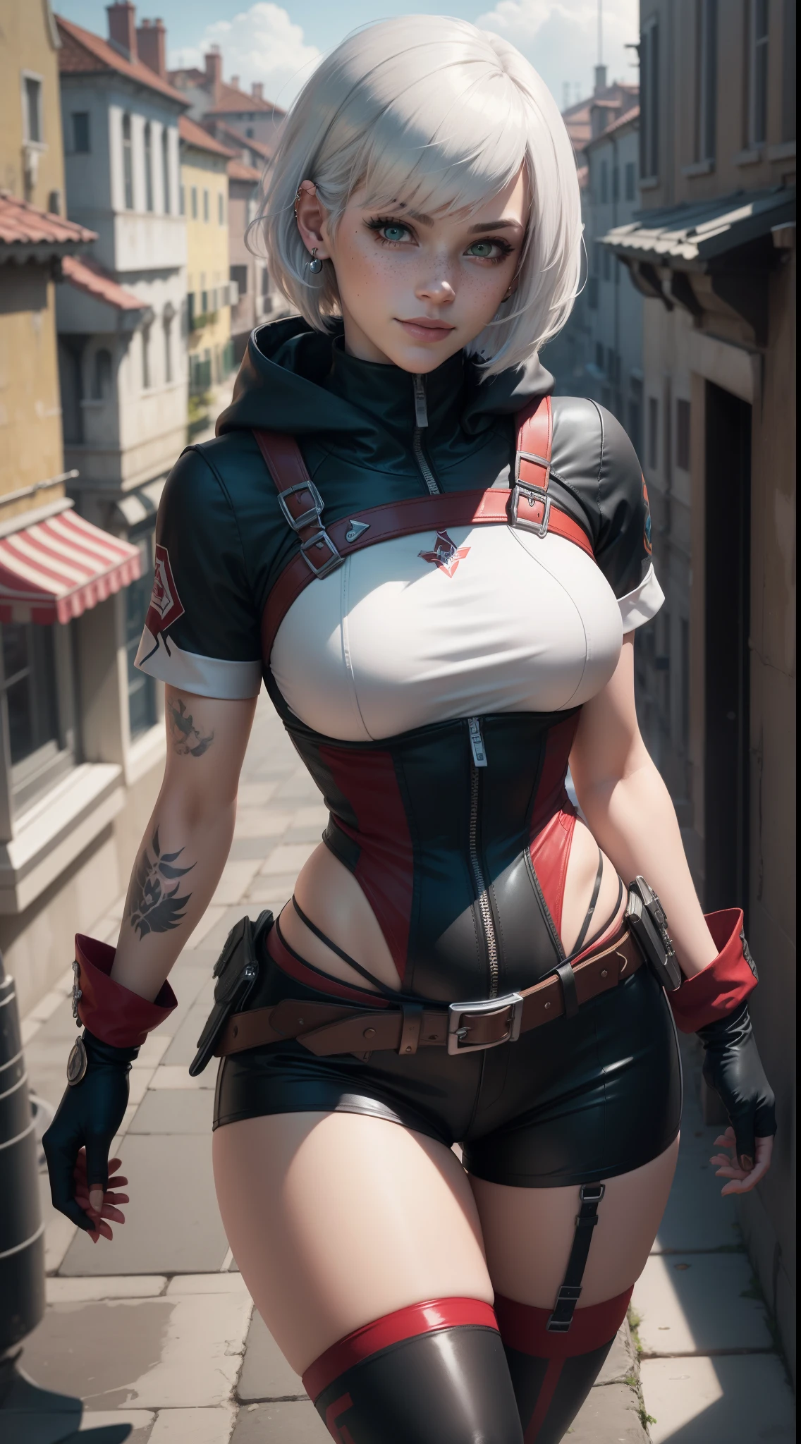 android 18,yorha 2b,mara jade,mordred, samus aran,overwatch,atelier ryza,close up,yakuza mansion,tattoos,royal gray and scarlet plugsuit,white short sleeve formal top,scarlet formal vest,black formal tie,royal gray short sleeve formal coat,royal gray formal pants,short punk hair,punk makeup,blue eyes,multicolored silver hair,cyberpunk gloves,sexy smile,freckles,beautiful girl,cyberpunk high heels,large breasts,8k,ultra detailed,realistic,fantasy art,hair pin,ear piercings,(weather:rainy),1girl,gold neck and hand jewelry,cyberpunk katana,