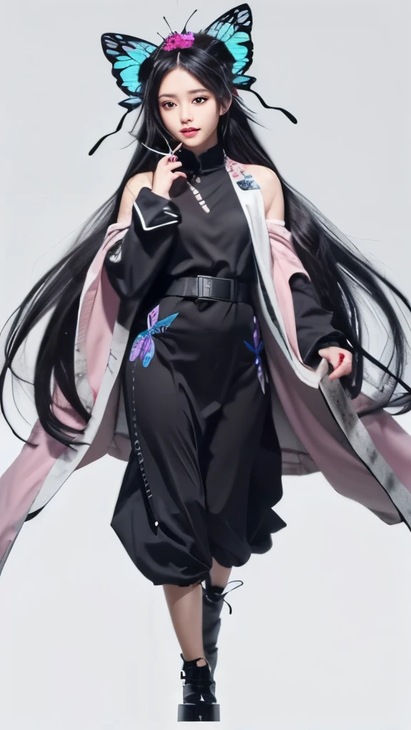 a woman in a black dress and butterfly headband holding a pink umbrella, wearing a flowing cloak, flowing hair and long robes, shuushuu anime image, with a long black cape, wearing dark robe, wearing a long flowing robe, with cape, wearing flowing robes, full body white purple cloak, wearing black clothes and cape, wearing black robe,black long straight hair,butterfly hair section,long black hair,butterfly hair ornaments,long black hair,long black hair,butterfly hair ornaments,black long straight hair,black long straight hair,Butterfly bow hair decoration