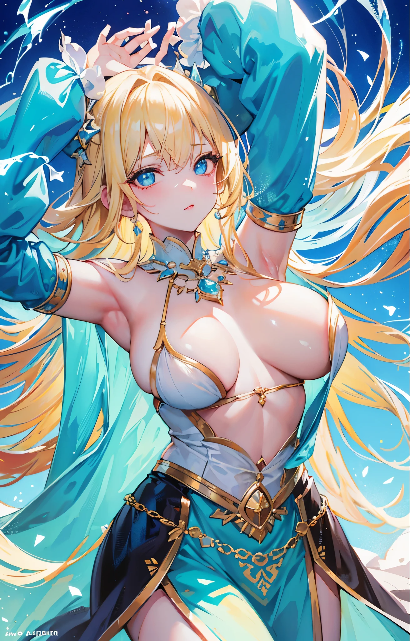 Stunning blonde beauty,light cyan clothes,Meat texture,tenderness,Extremely clear and affectionate royal pupils,golden crystal necklace,Princess,red lips,beauty mark,Blue sky background,The body is fluorescent,it is glowing