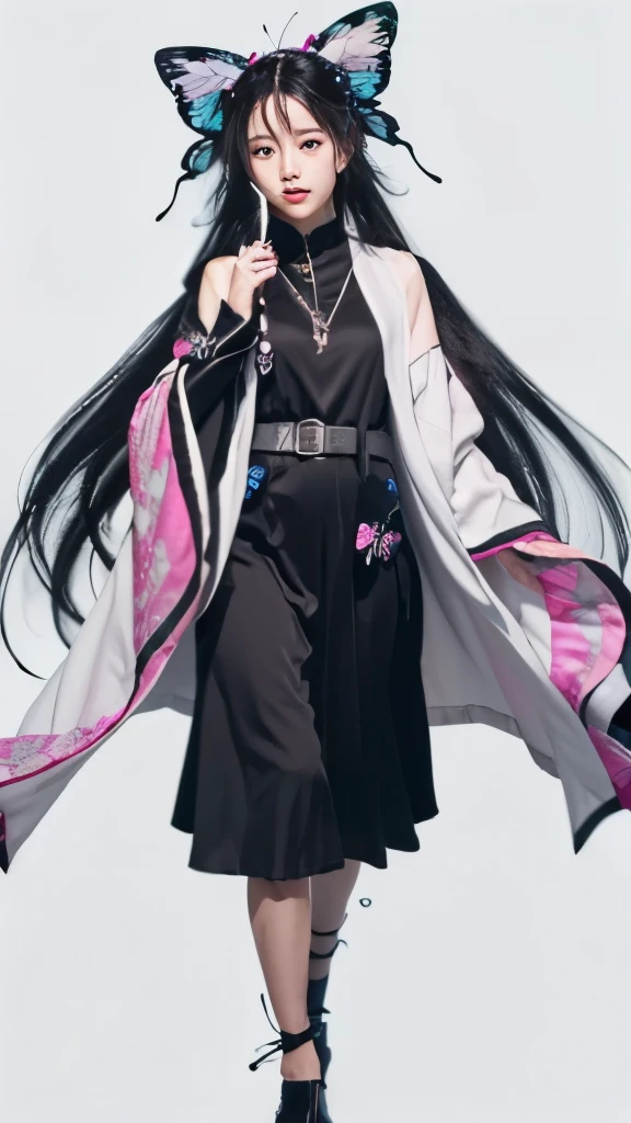 a woman in a black dress and butterfly headband holding a pink umbrella, wearing a flowing cloak, flowing hair and long robes, shuushuu anime image, with a long black cape, wearing dark robe, wearing a long flowing robe, with cape, wearing flowing robes, full body white purple cloak, wearing black clothes and cape, wearing black robe,black long straight hair,butterfly hair section,long black hair,butterfly hair ornaments,long black hair,long black hair,butterfly hair ornaments,black long straight hair,black long straight hair,Butterfly bow hair decoration