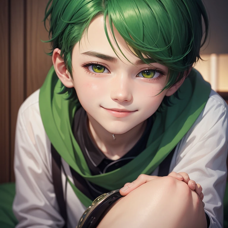 anime illustration、One smart boy who wants to be pampered、dark short hair、Close-up of face with green hair、Gentle atmosphere、Peeping Pose、Staring upwards、smiling