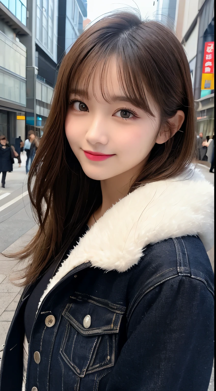 table top, highest quality, shape, Super detailed, finely, High resolution, 8k wallpaper, 完璧なダイナミックな構shape, beautiful and detailed eyes, tokyo trend冬ファッション,tokyo trend＆Introducing cute hairstyles at random, small breasts, natural color lip, random sexy pose,cute smile,big city、20 year old girl、beautiful and detailed face、perfect and beautiful face,Big eyes、Wear fluffy black outerwear with fur、beautiful detailed face、perfect and beautiful double eyelids、blur the background、perfect and beautiful face、