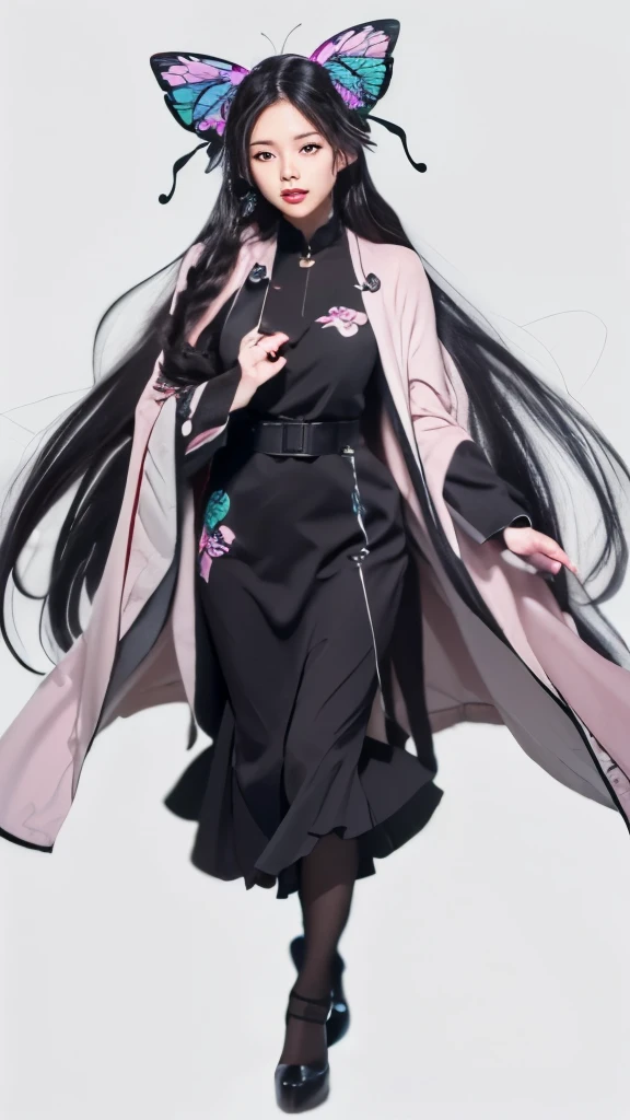 a woman in a black dress and butterfly headband holding a pink umbrella, wearing a flowing cloak, flowing hair and long robes, shuushuu anime image, with a long black cape, wearing dark robe, wearing a long flowing robe, with cape, wearing flowing robes, full body white purple cloak, wearing black clothes and cape, wearing black robe,black long straight hair,butterfly hair section,long black hair,butterfly hair ornaments,long black hair,long black hair,butterfly hair ornaments,black long straight hair,black long straight hair,Butterfly bow hair decoration