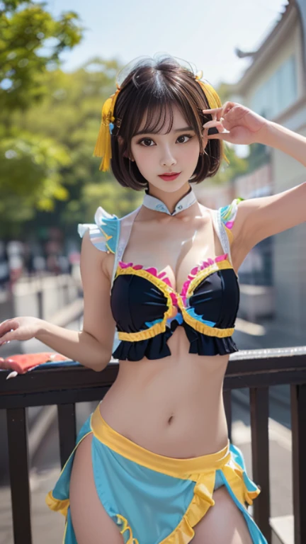 (((very detailed , 8k wallpaper, masterpiece, High resolution, highest quality))), ((Beautiful woman, Model-like posture, acrobatic pose,fighting pose)),((China dress style idol costume, cute and sexy costume with cute colorful frills and sexy slits on the costume):1.5),(China dress style idol costume:1.4),ハイキック,
(cute and sexy costume with cute colorful frills and sexy slits on the costume:1.3), ((very detailed顔, very detailed black eyes, extra detailed body, highest qualityのリアルテクスチャスキン)), (Short Bob Cut Hair, white skin,), (Chinese style wall), surreal, digital paint,