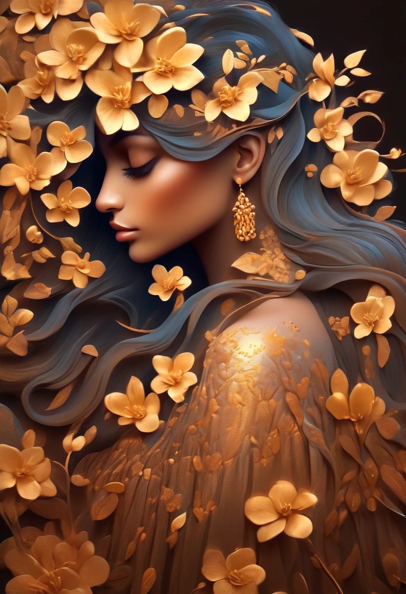 Painting of a beautiful woman in profile with long hair and golden flowers in her hair, beautiful digital illustrations, Beautiful artwork illustration, amazing digital illustrations, beautiful digital artwork, Inspired by Anna Dittman, amazing digital art, exquisite digital illustration, In the style of Anna Dittmann, beautiful digital art, beautiful amazing digital art, very beautiful digital art, beautiful fantasy art portrait