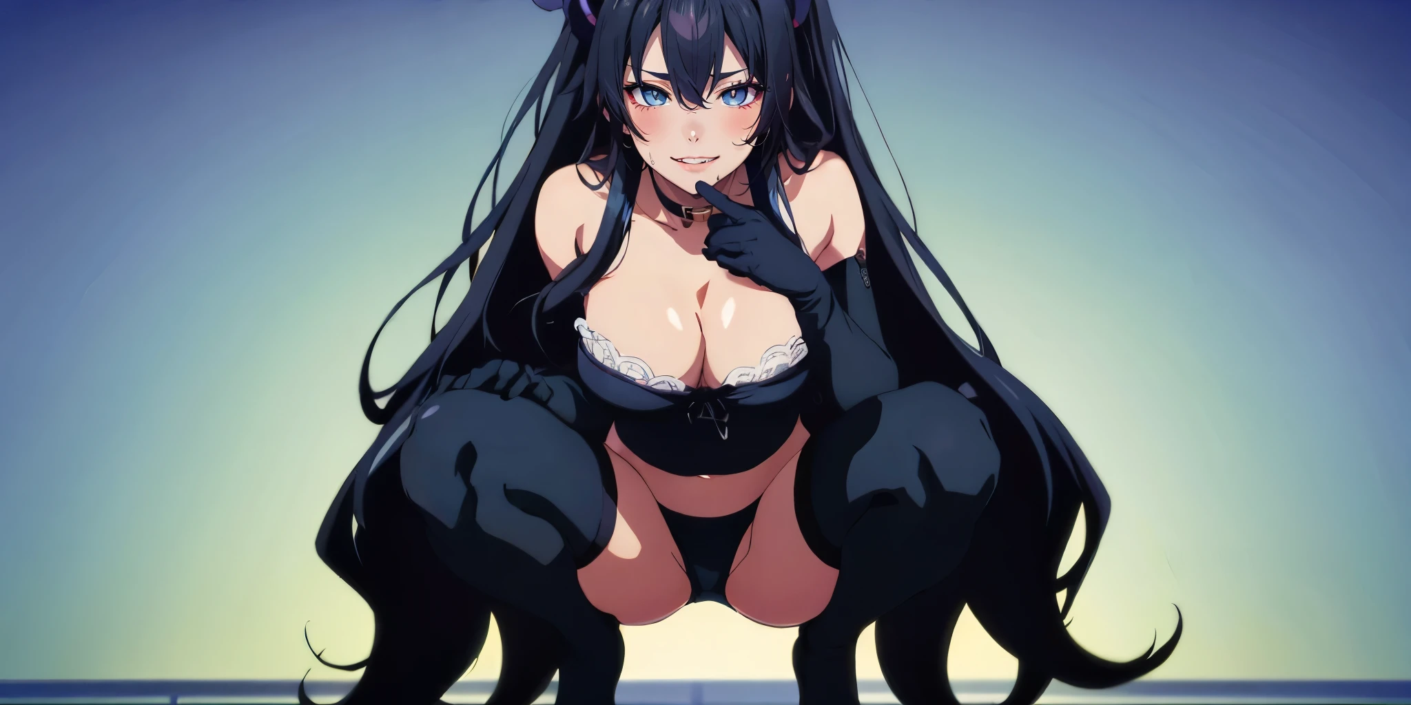 yukinoshita yukino, atomically correct, best quality, masterpiece, high quality, high details, highres, HD, (shaded face:1.2), hollow eyes, grey eyes, looking at viewer, heavy breathing, smirk, upper teeth, black hair, long hair, large breasts, squatting, 1girl, breasts, long_hair, very_long_hair, gloves, thighhighs, blush, navel, solo, bangs, black_legwear, cleavage, looking_at_viewer, panties, underwear, bare_shoulders, large_breasts, elbow_gloves, gradient_background, horns, gradient, hair_between_eyes, black_gloves