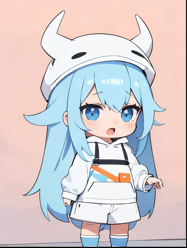 1girl, white hat with goggles, white fisherman hat, small orange horns on head, sky blue hair, light blue hair, long hair, white skin tone, white jacket with blue design, white backpack, white shorts with black rubber shoes and socks, chill, blue chibi eyes, small mouth, open mouth, blush, cute, chibi, small, hoodie