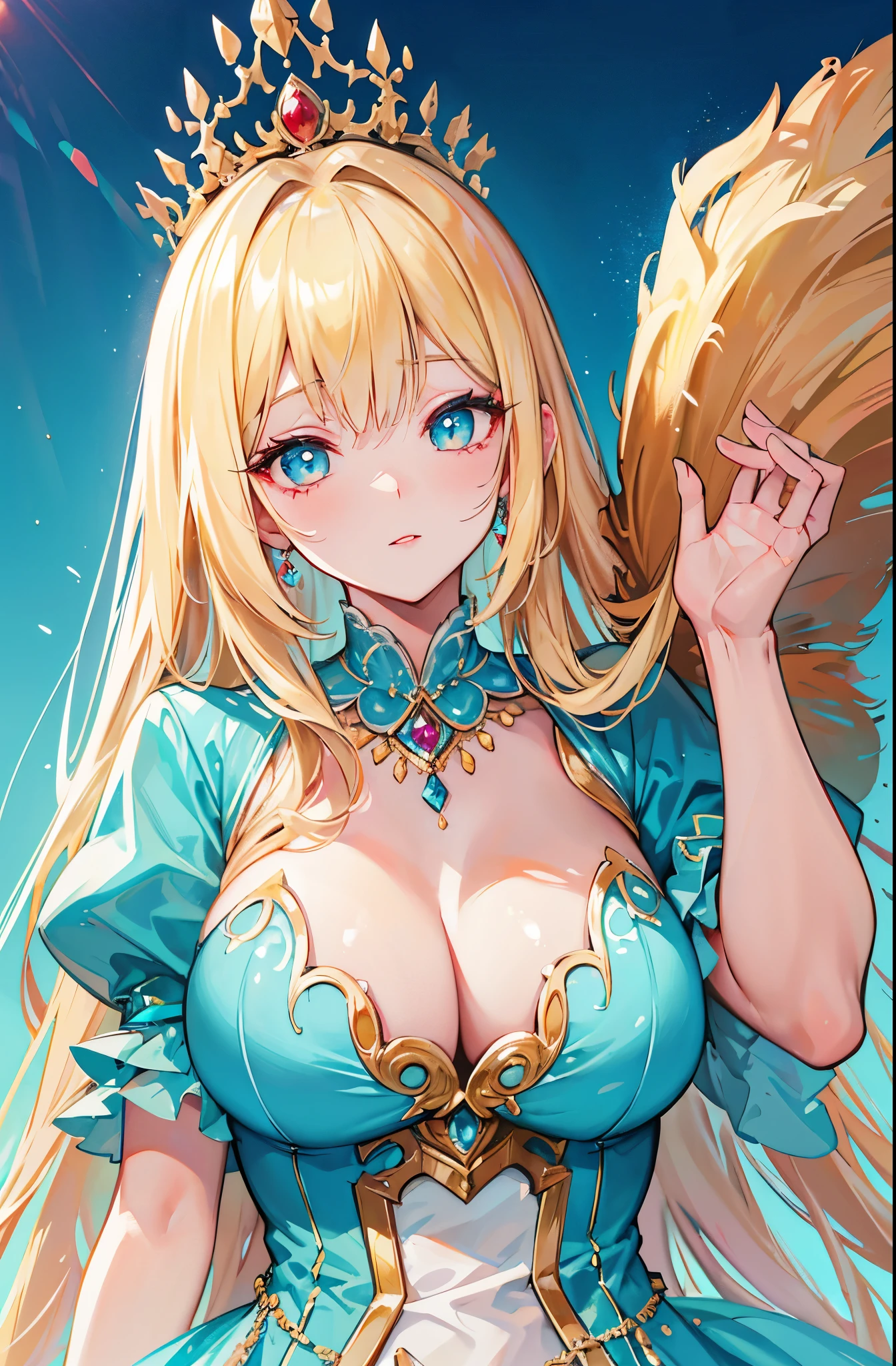 Stunning blonde beauty,light cyan clothes,Meat texture,tenderness,Extremely clear and affectionate royal pupils,golden crystal necklace,Princess,red lips,beauty mark,Blue sky background,The body is fluorescent,it is glowing