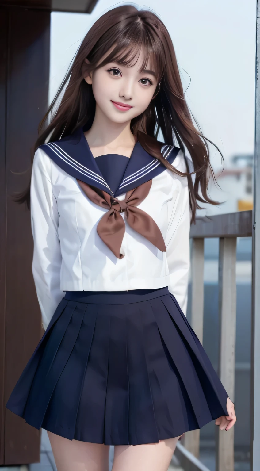 (15 year old girl), (medium breasts), (Japan Schoolgirls), (smile), (laughter), (brown hair:1.4), (bright hair), dull bangs, hair behind the ear, shoulder hair, (black eye), (Big eyes:1.2), (long hair), ( slender body shape), delicate lips, (beautiful eyes), light blush, brown eyes, (shiny skin, perfect skin :1.3), (sailor suit:1.3, Flared skirt in navy blue)