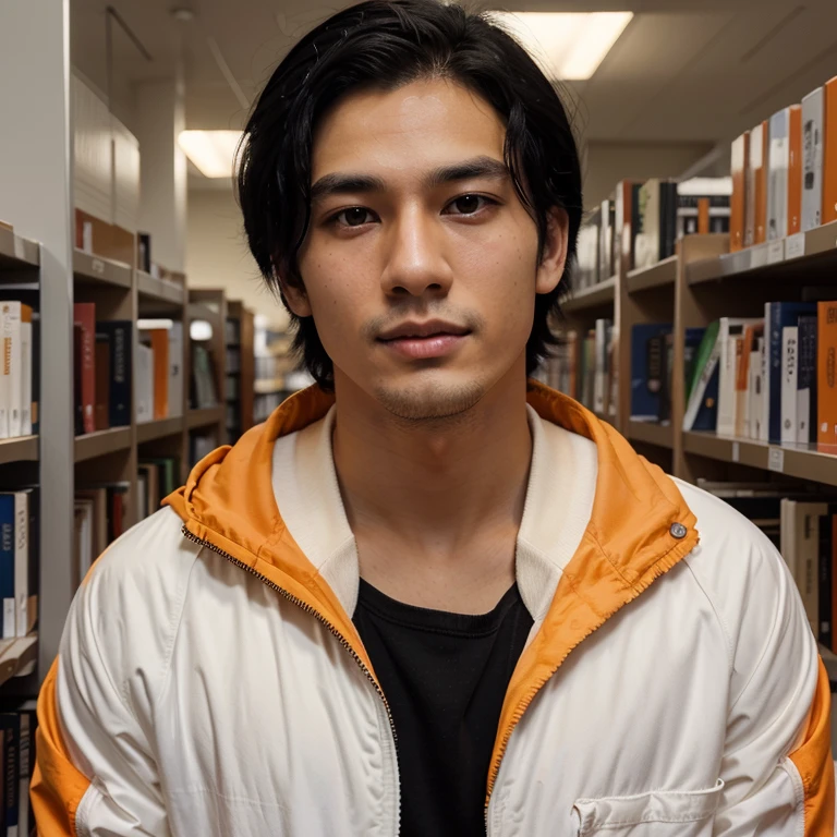 A man with black hair, 25 year old, white skin, realistic, wearing an orange jacket, in the library, 1 meter away from the camera, Asian, realistic human skin, original image