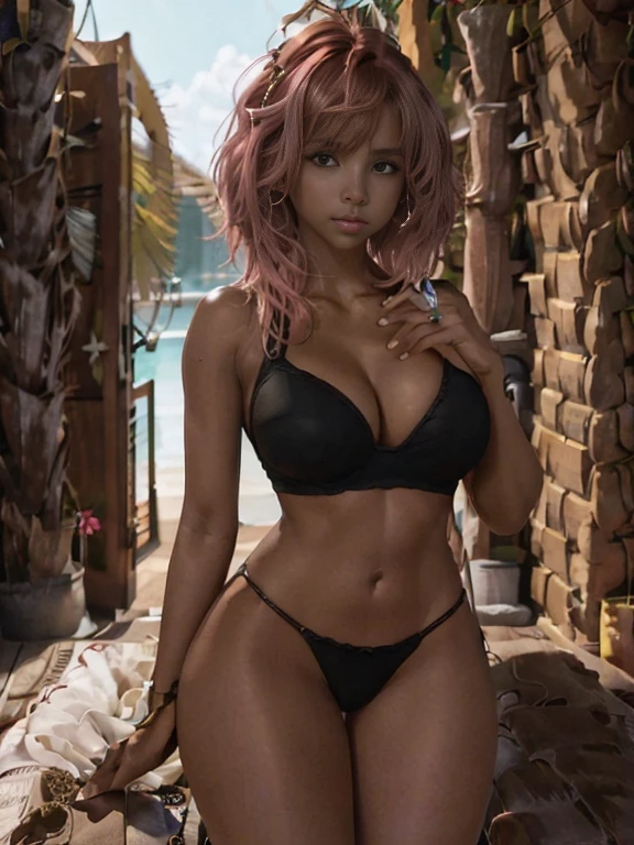 (((dark brown skin tone:1.2))), curvaceous body, portrait of a pink hair Brazilian model::1 natural lighting::1 serious::1 natural features::1 35mm lens::1 global illumination::1 uplight::1 dof --ar 16:9 --q 2, sexy pose, pink hair, (short bangs hair:1.36), detailed yellow eyes, narrow waist, depth of field, 1girl, big nose, (full nose:1.3), (on a background:1.3), (full body), big breasts, wide hips, athletic figure, ((thigh cutout)), oily skin,