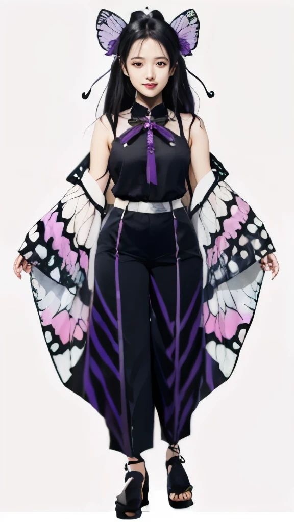 a cartoon image of a woman in a purple outfit and butterfly wings, kimetsu no yaiba, hinata hyuga, full body with costume, 2 0 2 2 anime style, 2022 anime style, demon slayer rui fanart, as an anime character, nezuko-chan, full body!!, best anime character design，black long straight hair，butterfly hair section，long black hair，butterfly hair ornaments，long black hair，long black hair，butterfly hair ornaments，black long straight hair，black long straight hair，Butterfly bow hair decoration