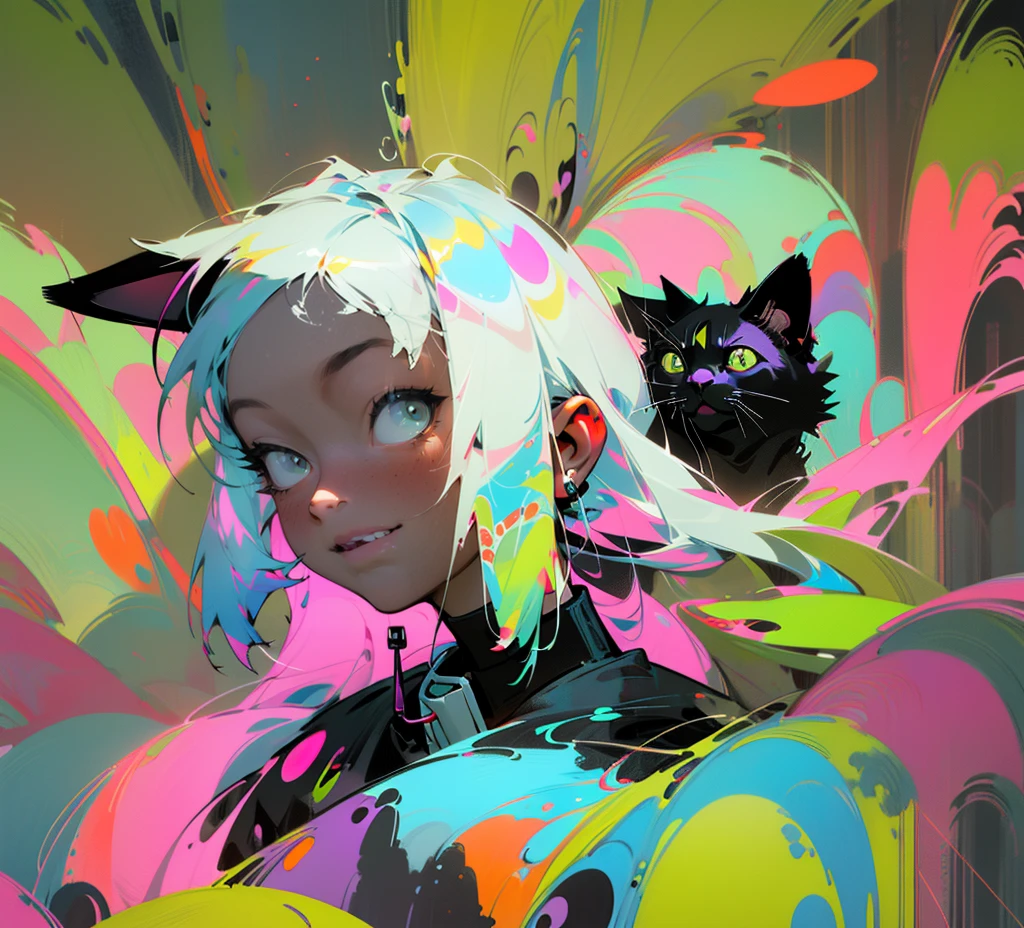 painting of a cat face, portrait painted by BlackytheCatArt and designs, beautiful neon cats, painted in bright water colors, a painting of a cat, cat detailed, painting of vibrant neon inks painting, art style