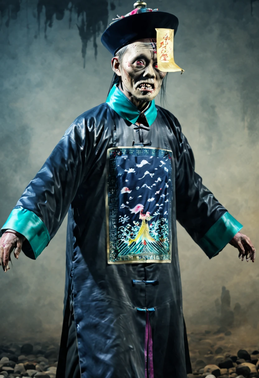 A terrifying Qing Dynasty zombie stands at the center with arms stretched out at a 90-degree angle, stare fiercely ahead. zombie装饰havezombie_have, The dim lighting environment depicts the faint glow of the town. (stills:1.5), (poster:1.5), (Ink painting and watercolor:1.5),((actual))),((masterpiece), (best quality), 超high resolution, (original photo:1.2), (photoactual:1.4), Excellent details, dramatic lighting, high resolution, 8k, ridiculous,Chinese building, Chinese tower, obsolete, (Chinese_Clear_zombie:1.5),The color palette is dark and ominous, Create an atmosphere of fear. The overall composition reflects the ink elements of Asian horror posters and traditional Chinese aesthetics.