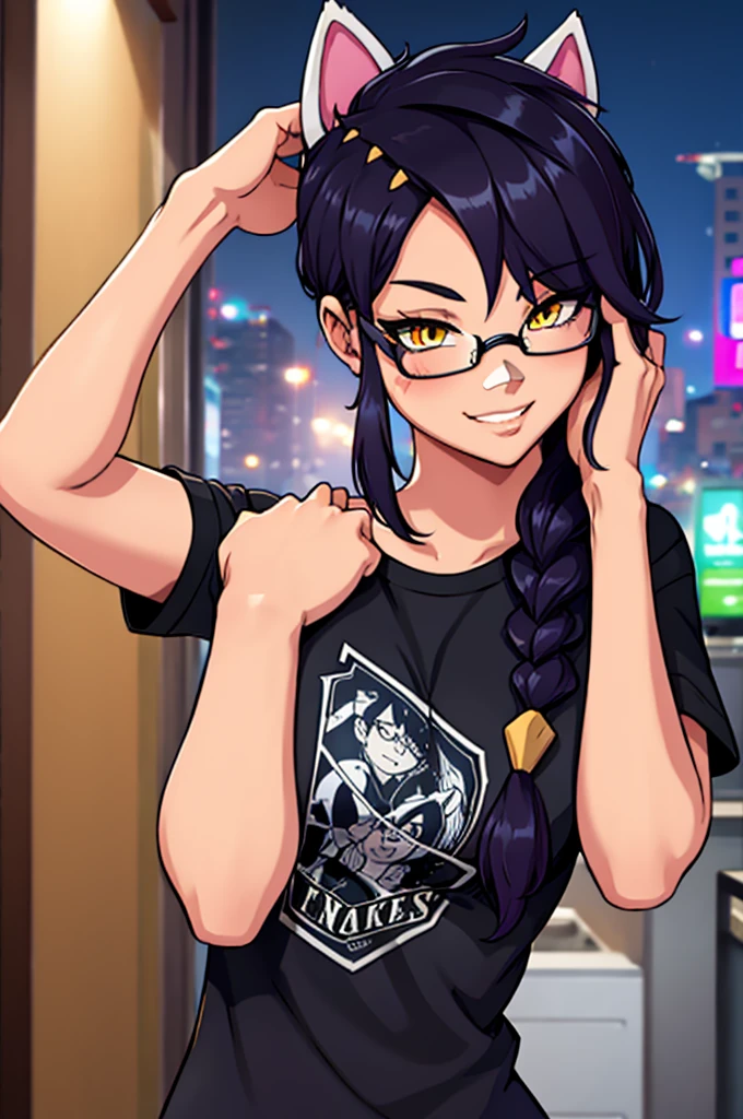 Erisa, 1girl, solo, long hair, looking at viewer, black hair, bandaid on face, yellow eyes, animal ears, smile, bandaid on nose, braid, cat ears, bandaid, bangs, breasts, fake animal ears, simple background, fang, bare shoulders, scar, teeth, shirt, tight shirt, bare shoulders, black shirt, short sleeves, closed mouth, t-shirt, hair over one eye, night city view, portrait, hair over shoulder, shorts, skin tight shirt, wet shirt, glasses, seductive, realistic, best quality, masterpiece, ultra detail, ultra high res, extreme detail, 8k