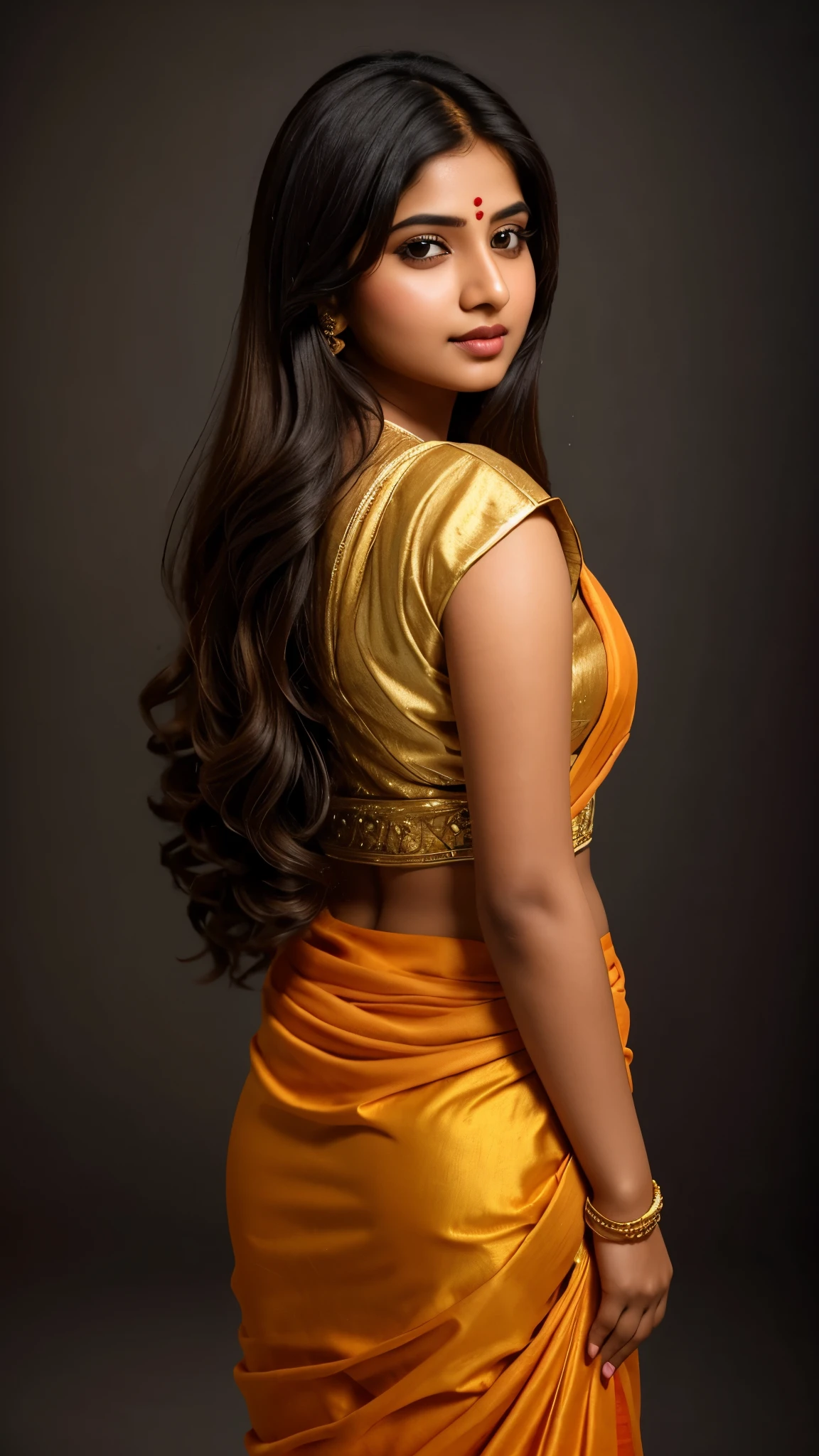 (desi girl))), chubby face, natural skin, charming black hair, ((hair ends are blonde)), studio lights background, bokeh, ultra high resolution, (photorealistic1.4), UHD, shy face , small , sari, Indian woman, back view, full body view, zoomed out