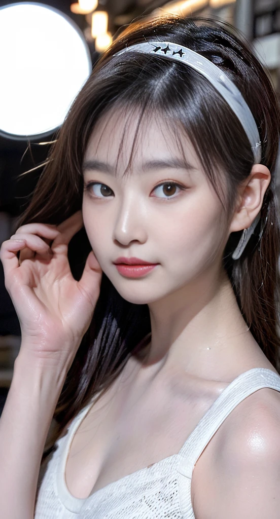 (1 Korean star with royal sister style), ((best quality, 8k, masterpiece: 1.3)), focus: 1.2, perfect body beauty: 1.4 , (funny expression), (night street: 1.3), highly detailed face and skin texture, fine eyes, double eyelids, whitened skin, (air bangs: 1.3), (round face: 1.5), (thin strap top: 1.4),