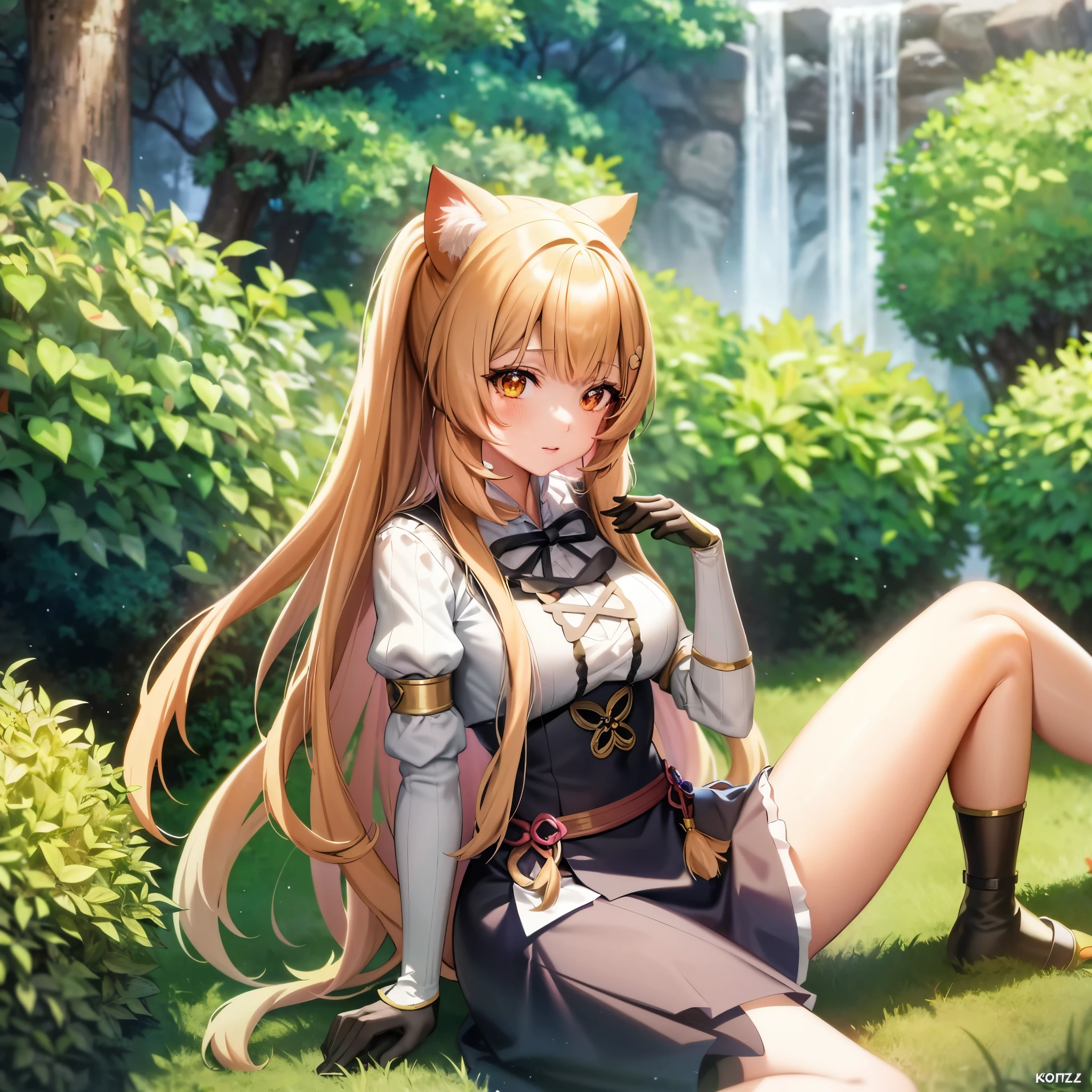 Anime girl with long hair sitting on a tree in the forest, Holo is a werewolf girl, Holo for wolf girl, Kushat Krenz Key Art Women, official character art, shadowverse style, Ayaka Genshin impact, charming cat girl, Beautiful anime cat girl, very beautiful anime cat girl, ayaka game genshin impact, handwriting