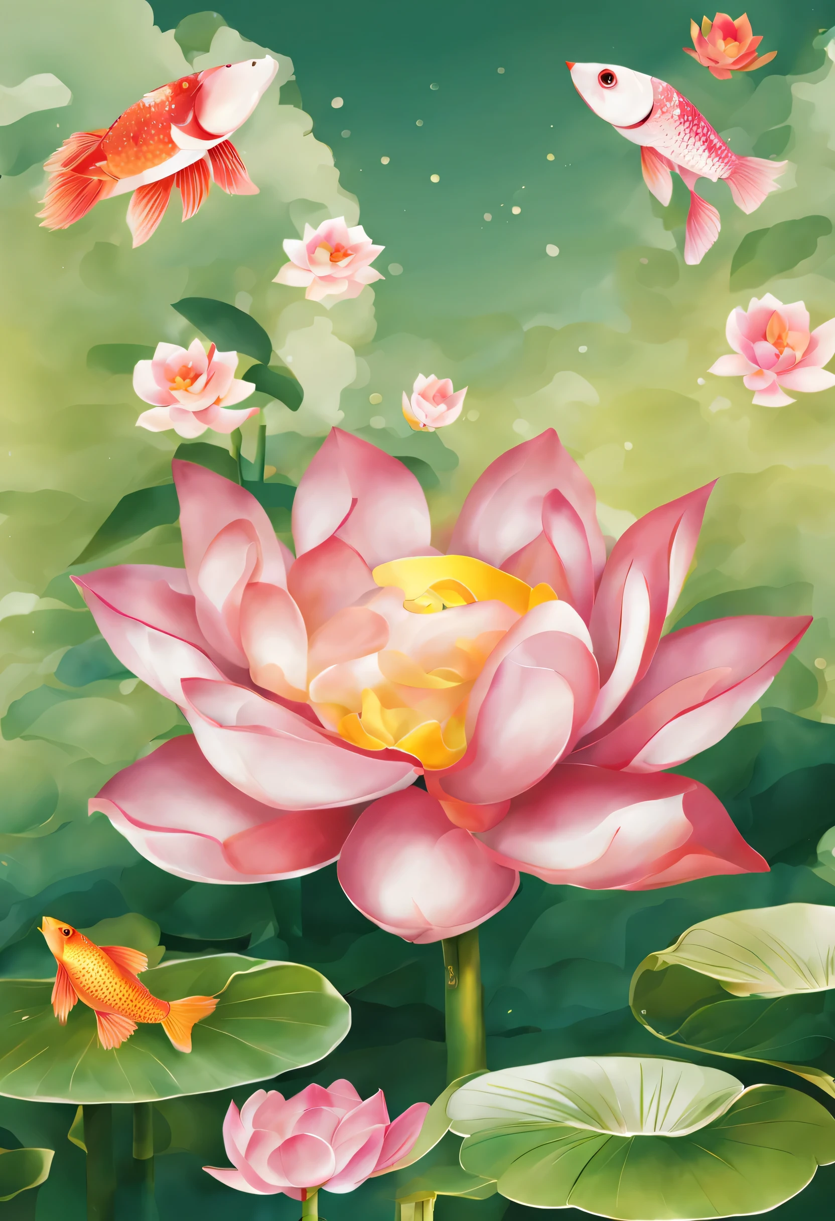 Create a digital artwork depicting auspicious symbols using techniques and vibrant colors that convey vitality and liveliness. The composition should prominently feature a lotus flower, a golden fish, and a bamboo plant.