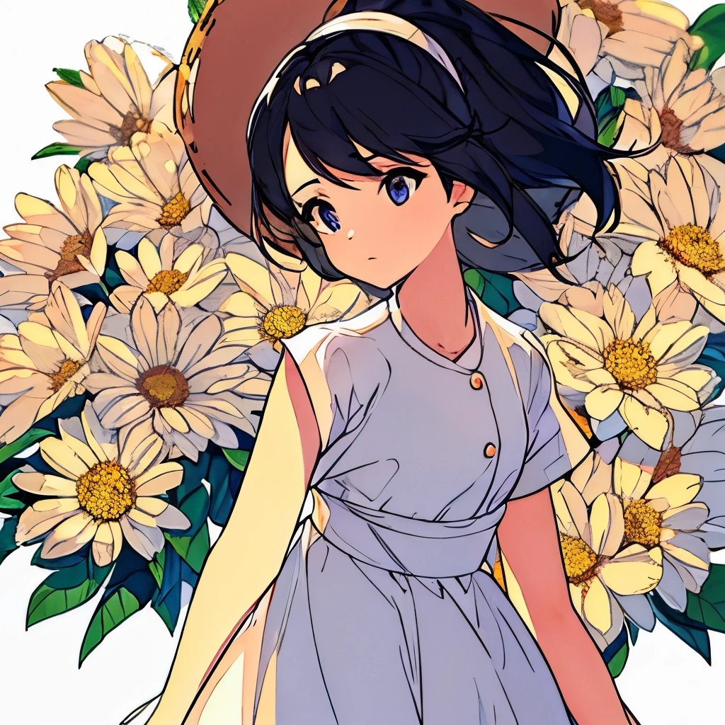 A girl stands straight on a plain white background、Flowers are blooming around the girl