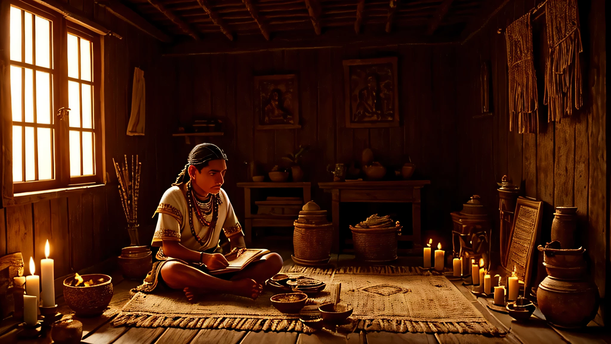 The entire scene is seen on the right side of the character. An ancient native Mexican Indian wearing a detailed robe, ((sitting on the floor in a mud-walled room Very rustic,)) surrounded by flickering candlelight. The Indian is diligently writing on sheets of aged, yellowed paper with a feather quill pen. The atmosphere is calm and serene, with a slight scent of burning incense lingering in the air. Natural light filters through a small, intricately carved window, casting gentle patterns on the cracked clay floor. The Indian's face reflects a mixture of concentration and tranquility, and their eyes radiate with ancient knowledge and wisdom. The overall image radiates an aura of historical significance and spiritual enlightenment. The colors in the scene are warm and earthy, evoking the rich cultural heritage of the Mexican indigenous people. The lighting emphasizes the flickering candle flames, casting dancing shadows on the walls and adding to the ambiance of the room.  the old papers, and the surrounding tapestries is exquisite, capturing the intricate patterns and textures with precision. The prompt ensures the creation of a high-quality, ultra-detailed, and realistic image of an ancient native Mexican Indian engaged in the art of writing, capturing the essence of bygone eras and cultural heritage. The Indian is looking at an open door