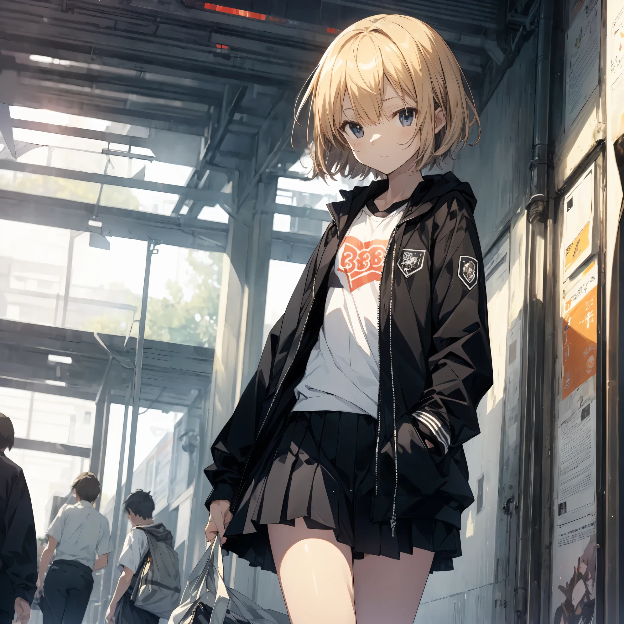 Super high quality by the art god, super detailed, High resolution,Shinkai Makoto style, anime moe art style, best anime 8K konachan wallpaper, pixiv contest winner, perfect anatomy, break,(眠そうにalone学校へ行く女の子を描いてください. ),break, surreal high school girl, (alone,ta, , 13 y),All limbs, full finger,, androgynous charm, (very short hair), messy hair, flat chest, , small ass, between legs, Small black eyes,beautiful and fine eyes, Well-proportioned iris and pupils, disgusted eyes, High resolutionの詳細な髪, wearing school uniform, (skirt), On the way to school. break,super dense skin, Best lighting by famous artists, 8K, figure,