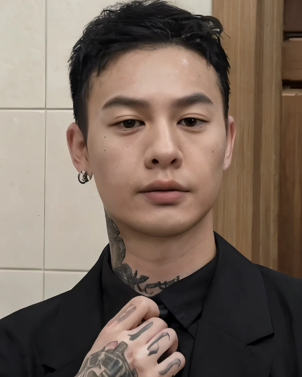 Man with a tattoo on his arm and a tie, TIM KAI, taken at the beginning of 2020, 1 Menino de 7 anos, rosto magro,TIM KAI, TIKTOK, cute japanese demon boy, hyung tae, profile picture with headshot, inspirado em TIM KAI, androgynous person, androgynous face