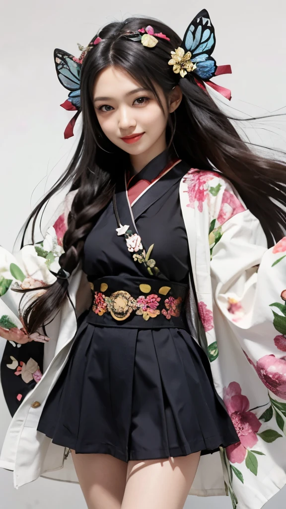 a woman in a kimono outfit with a butterfly in her hair, pin on anime, kantai collection style, by Jin Homura, nezuko, from sengoku period, nezuko-chan, illustrious makinami, anime visual of a cute girl, mitsumayo, ehime, shuushuu anime image, marin kitagawa fanart，black long straight hair，butterfly hair section，long black hair，butterfly hair ornaments，long black hair，long black hair，butterfly hair ornaments，black long straight hair，black long straight hair，Butterfly bow hair decoration