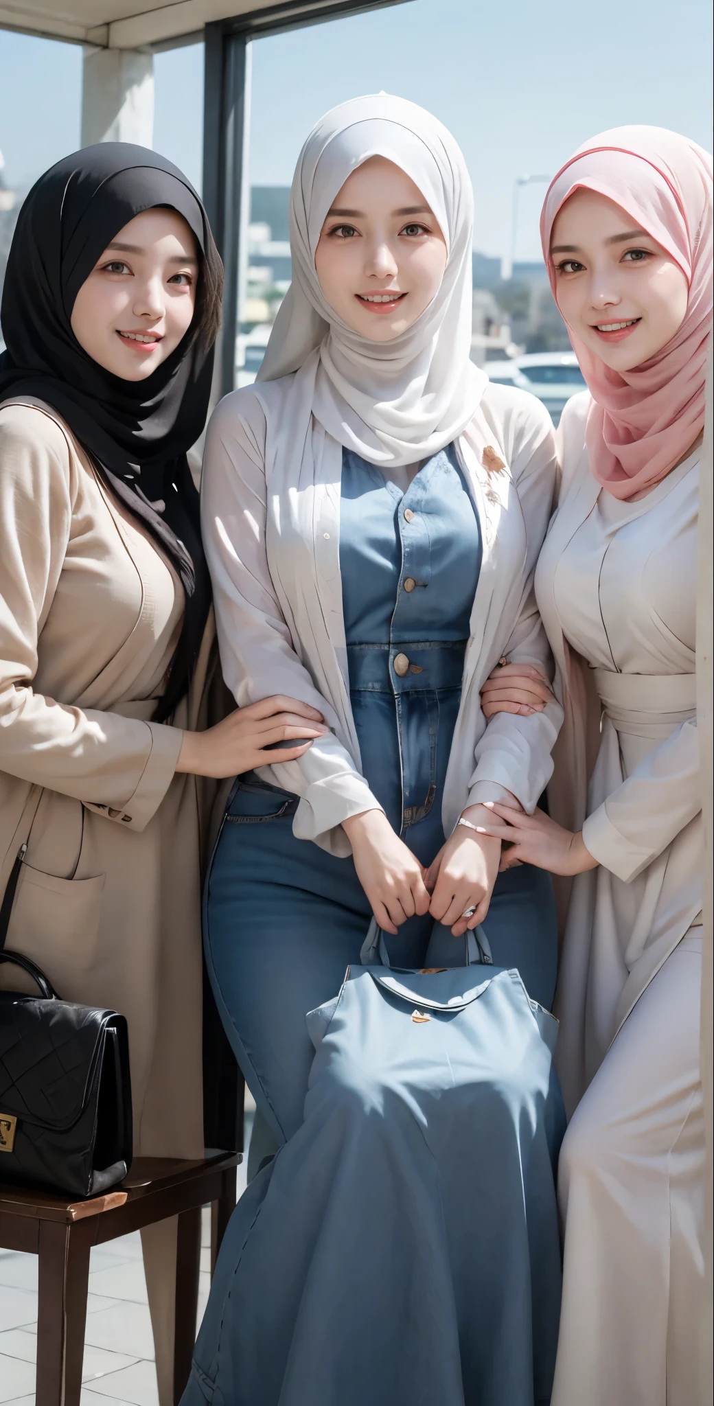 masutepiece, Best Quality, Illustration, Ultra-detailed, finely detail, hight resolution, 8K Wallpaper, Perfect dynamic composition, Multiple people,hijab, smile lips, (3 girls taking photos), Girls holding hand holding a small bag, Position: Sitting on a chair at a table, looking to the side was laughing, Beautiful detailed eyes, Natural Lip, Wear hijab moslem, Muslim gamis clothing, fancy jubba thobbe, photo full body, (close-up photo), view of the blue sky, close-up photo, hand holding a small bag, show your big tits, people hijab, all the girls were hand holding a small bag