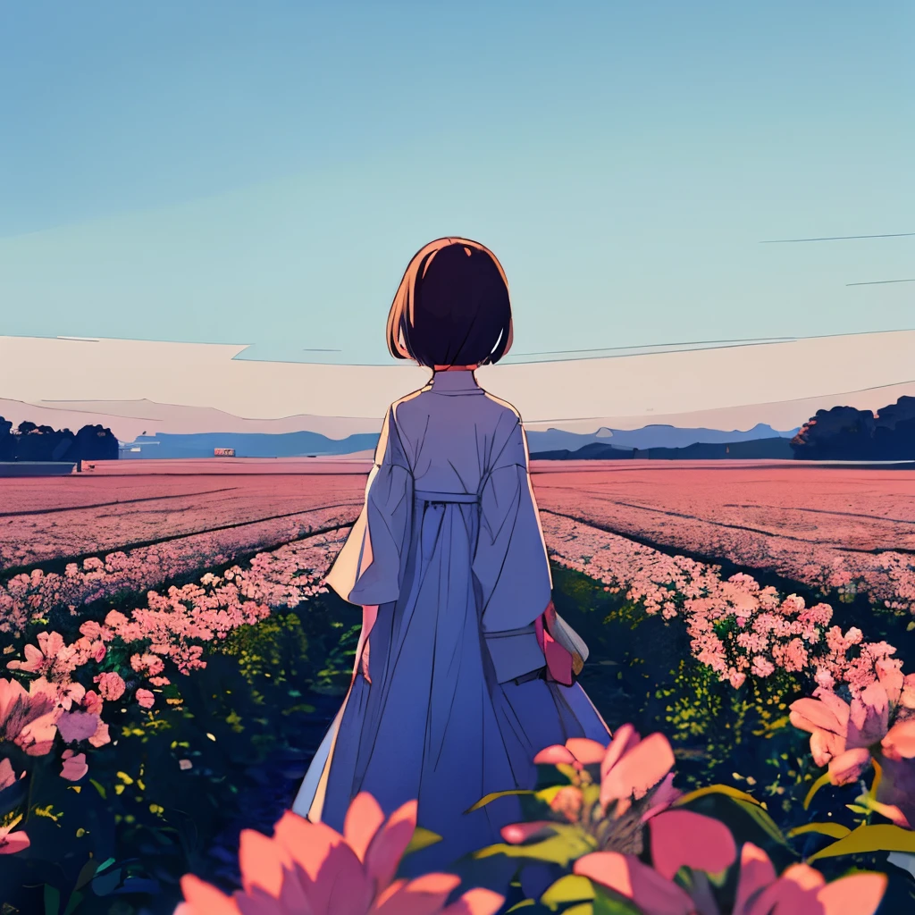 A girl stands straight on a plain white background、Flowers are blooming around the girl