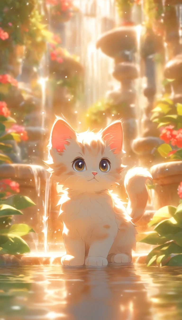 Cute kitten with round eyes, Garden fountain, , Distant home, mirror effect