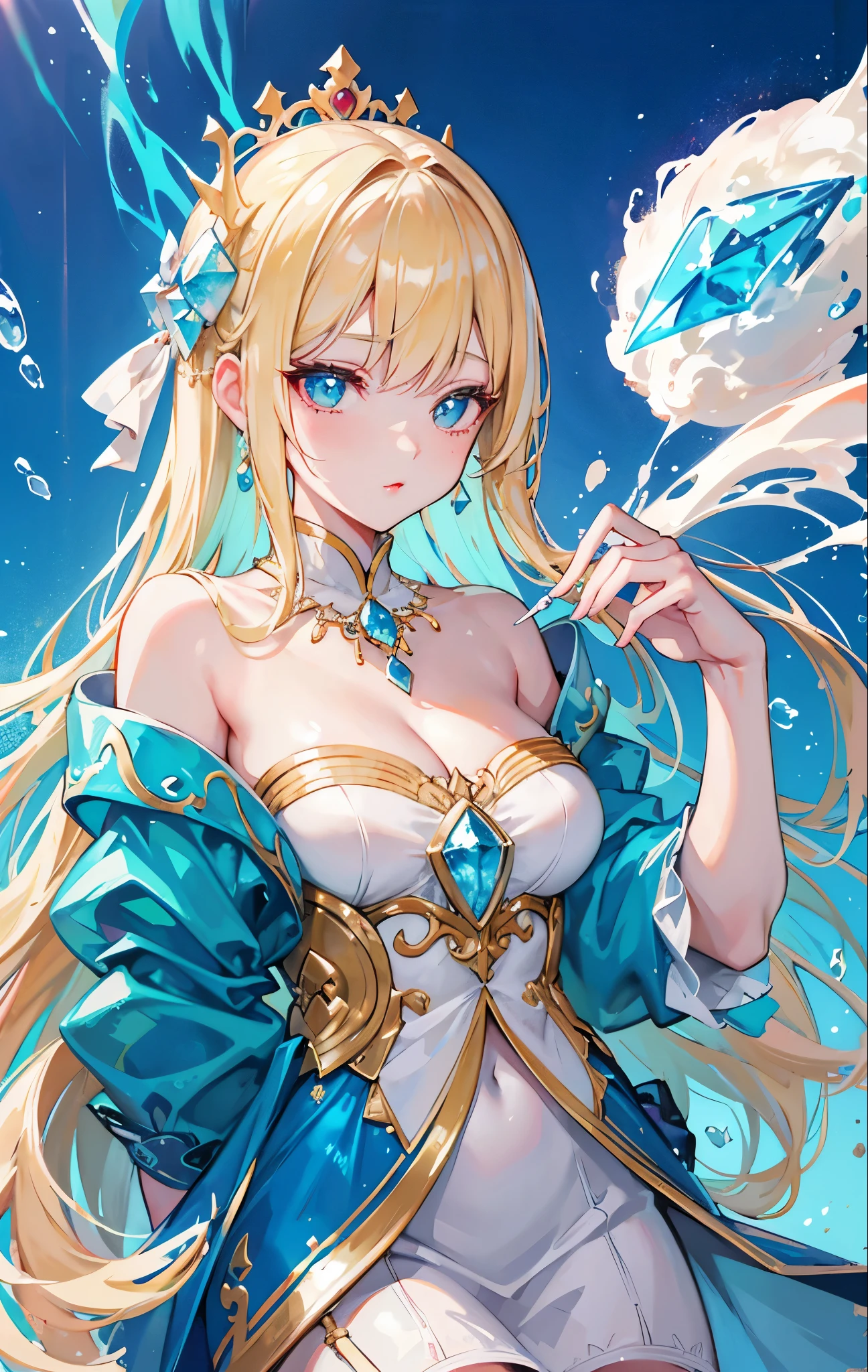 high quality illustrations, masterpiece, shading, light)(kemono, alone), 1 woman, jellyfish goddess, hourglass body, big breasts, perfect eyes, goddess clothes decorated with chains, posing for view underwater , expression of joy