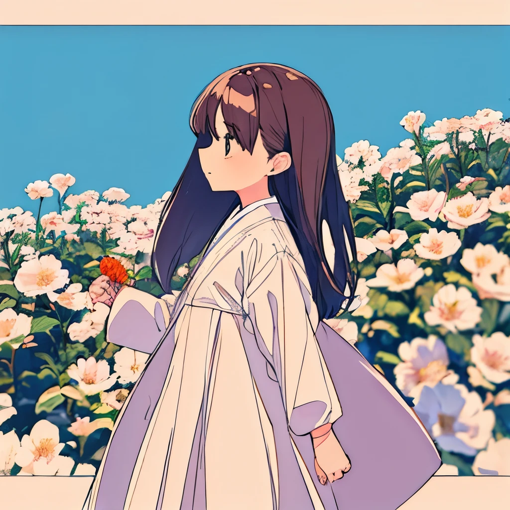 A girl stands straight on a plain white background、Flowers are blooming around the girl