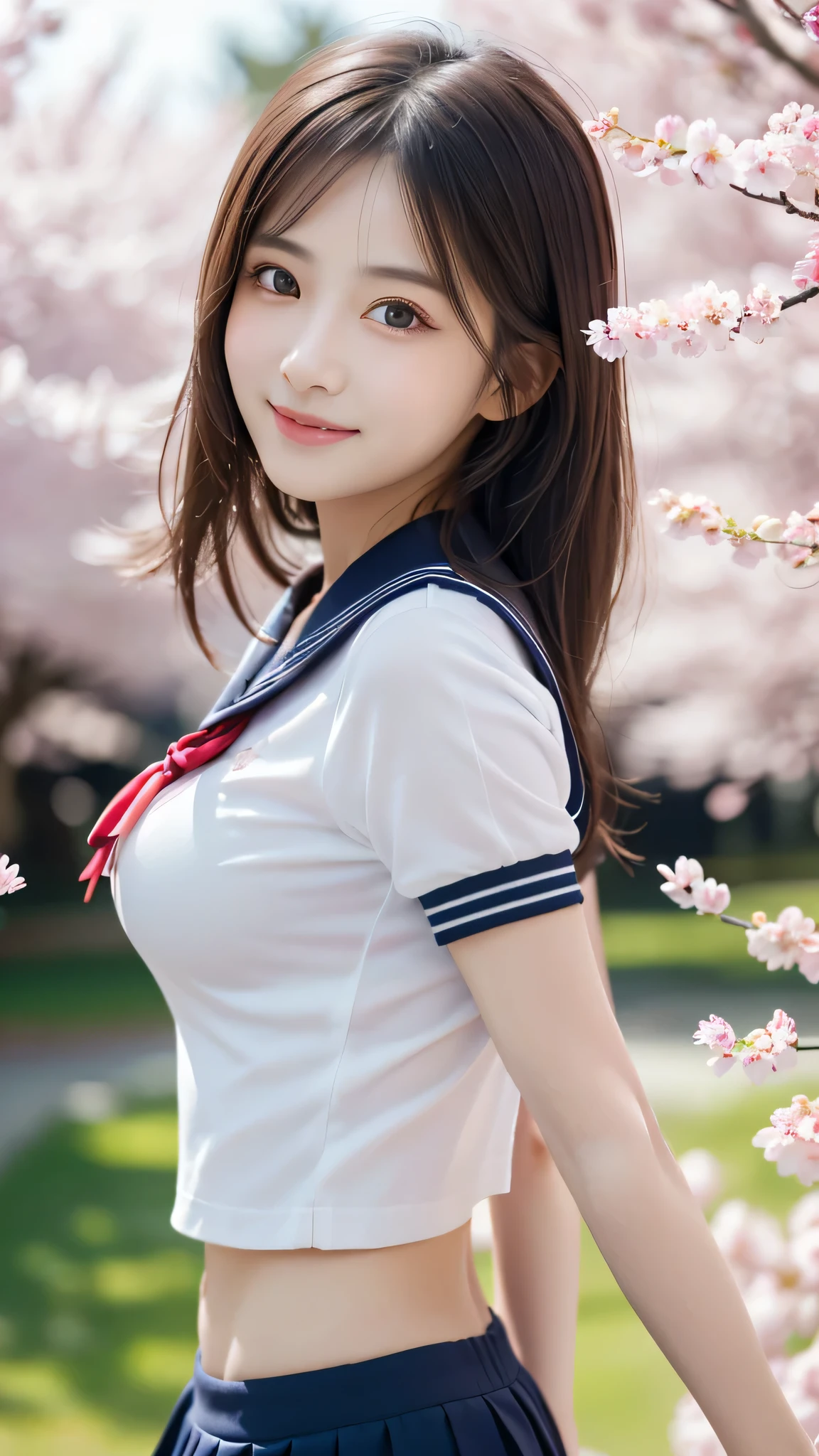 1 girl, (highly detailed eyes, highly detailed face), Search Smile, (sailor suit), chest, panties, (highest quality:1.4), RAW photo, (surreal), (realistic:1.4), professional photography, cinematic light, Cherry tree, spring, sunny, Depth of bounds written,