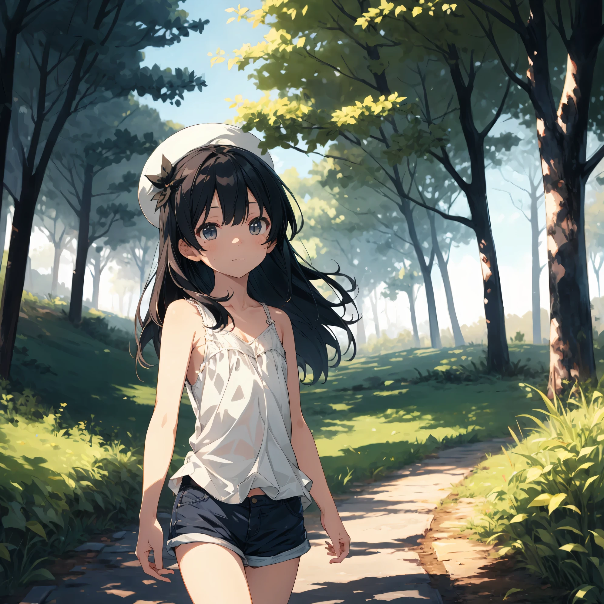 Super high quality by the art god, super detailed, High resolution,Fujichoco style, anime moe art style, best anime 8K konachan wallpaper, pixiv contest winner, perfect anatomy, break,(森をalone慎重に歩く女の子の絵を描きます. ),break, surreal beautiful girl, (alone,lolita, , 12 years old:1.3),All limbs, full finger, androgynous charm, (ponytail), short bob cut, flat chest, , small ass, between legs, small eyes,beautiful and fine eyes, Well-proportioned iris and pupils, High resolutionの詳細な髪, wears round glasses, (Camisole Tops,shorts:1.3),have,bare border,sweating,warmer than usual,  In the summer forest. break,super detailed肌, Best lighting by famous artists, 8K, figure,