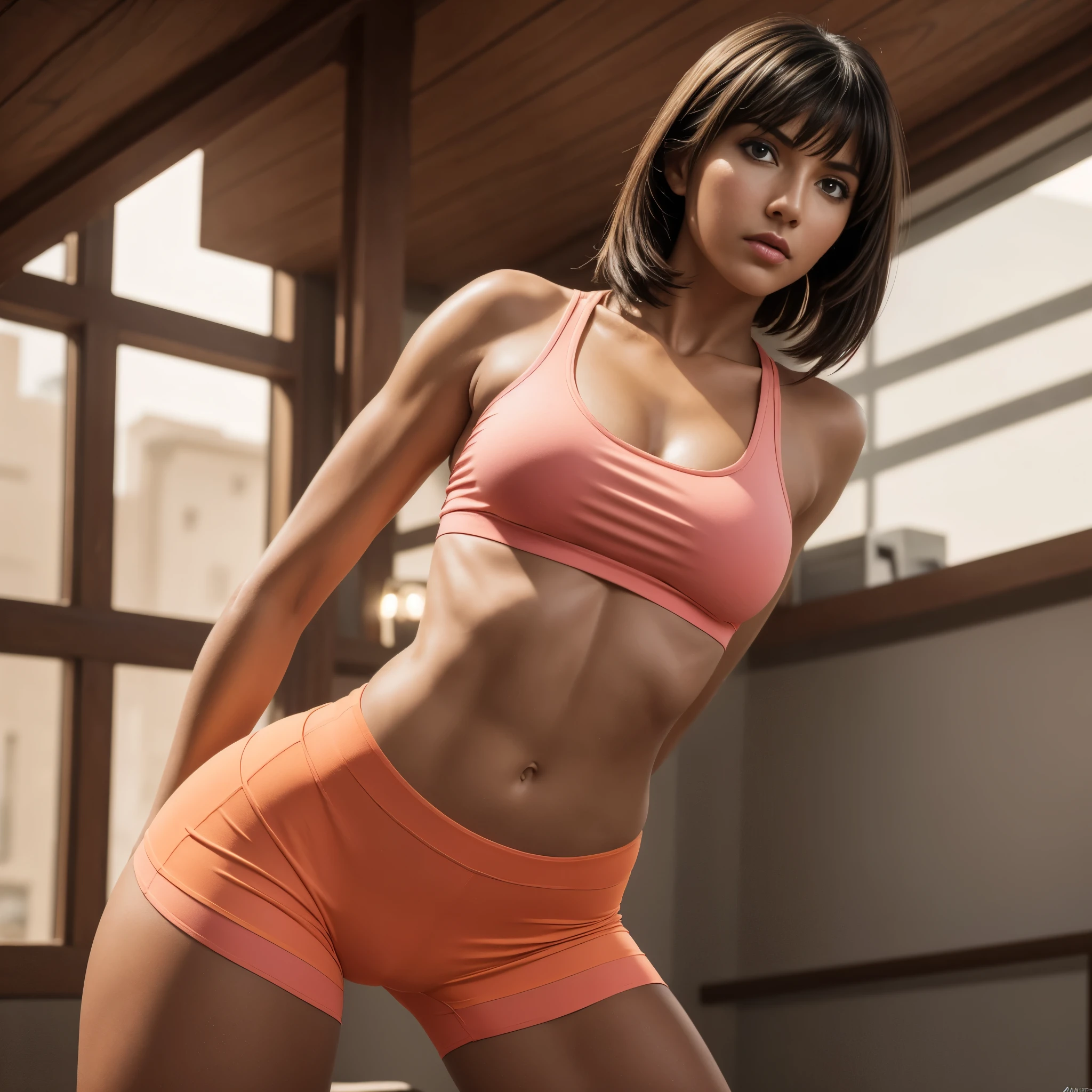 Isabela Merced as dora,orange tights, pink tanktop, confident, big breasts: 1.5, perfect anatomy, perfect symmetry: 1.2, realistic face: 1.2, perfect face, content, confident, very detailed and dramatic, Cinematic lighting, Lighting scene, soft lights, tanned skin,Professional whole body photo, (Photo 4k:1.1) by (Arny Freytag), (sharp focus:1.3), high detail