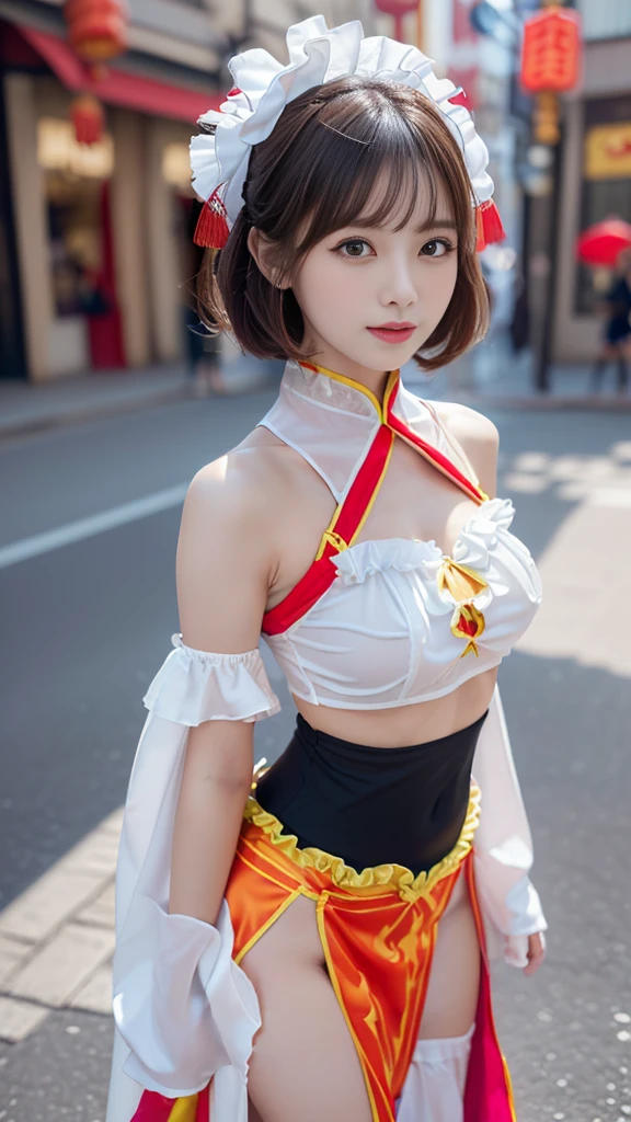 (((very detailed , 8k wallpaper, masterpiece, High resolution, highest quality))), ((Beautiful woman, Model-like posture, acrobatic pose,fighting pose,)),((China dress style idol costume, cute and sexy costume with cute colorful frills and sexy slits on the costume):1.5),(China dress style idol costume:1.4),
(cute and sexy costume with cute colorful frills and sexy slits on the costume:1.3), ((very detailed顔, very detailed black eyes, extra detailed body, highest qualityのリアルテクスチャスキン)), (Short Bob Cut Hair, white skin,), (Chinese style wall), surreal, digital paint,