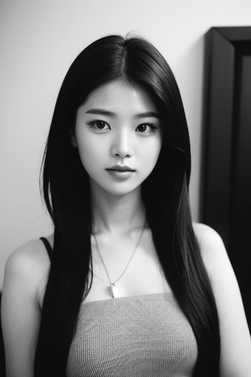 Photo of a beautiful korean kpop idol woman, verano, libidinoso, film grain, Ilford HP5, 80mm
