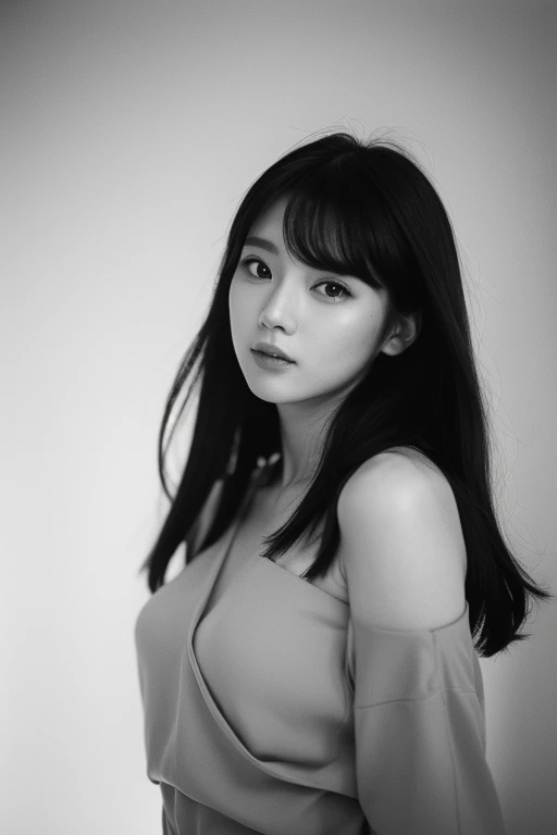 Photo of a beautiful korean kpop idol woman, verano, libidinoso, film grain, Ilford HP5, 80mm